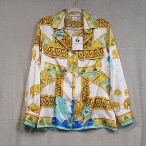 NWT Paolo Santini 100% Silk Vintage Shirt Gold Turquoise Elephants Print Size 8